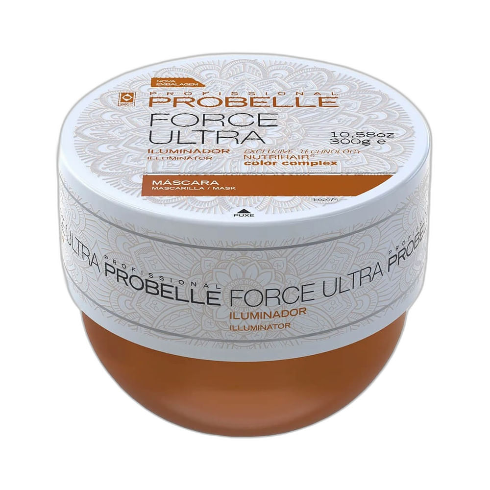 Máscara Capilar Probelle Force Ultra 300g em pote arredondado marrom translúcido com tampa branca